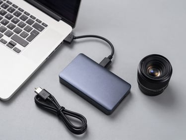 Overhead flat-lay of a laptop and external SSD drive on a light grey surface, charging cable coiled beside it, neutral studio strobe lighting, product photography style