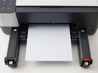 Close-up overhead of a modern inkjet printer on a white surface, cartridges beside it, bright neutral studio lighting, straight-on product flat-lay