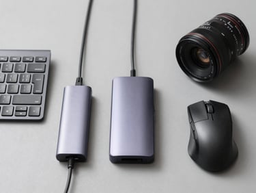 Straight-on flat-lay of computer peripherals on neutral grey background — wireless mouse, USB hub, keyboard, cables arranged neatly, bright studio lighting