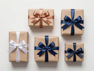 Flat-lay overhead of wrapped gift boxes with ribbons on a neutral white background, clean product photography lighting, no people