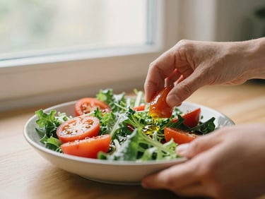 Hands preparing a colorful salad with fresh tomatoes, leafy greens, and olive oil under soft morning window light, warm editorial photography