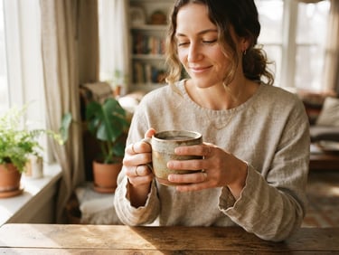 Warm editorial photography of a person holding a ceramic mug with both hands, soft natural morning light, organic earth tones, shallow depth of field
