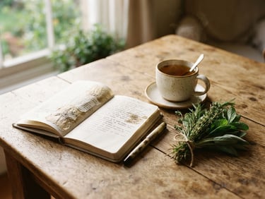 Soft natural morning light illuminating a wooden table with fresh herbs, a cup of herbal tea, and an open notebook, warm editorial photography style