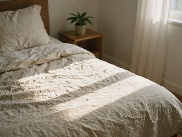A serene bedroom with soft linen sheets, a small plant on the bedside table, warm late afternoon sunlight, peaceful atmosphere