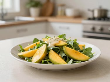 A beautifully plated fresh salad with mango slices and light vinaigrette dressing, airy home kitchen background