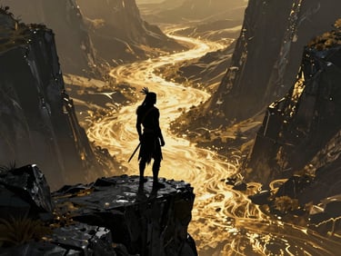 High-fidelity concept art of an indigenous warrior silhouette standing on an obsidian cliff overlooking a glowing gold valley, dramatic chiaroscuro lighting, 8k resolution
