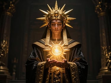 Cinematic portrait of a high priest with a golden headdress, dramatic golden-hour lighting, holding a glowing solar artifact