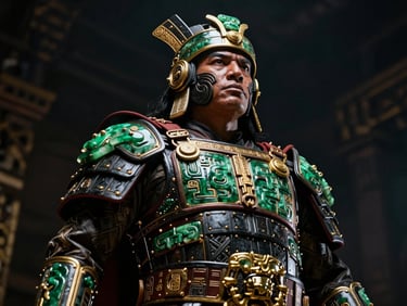 Low-angle dramatic portrait of a Mesoamerican warrior wearing obsidian armor, glowing jade runes, dark cinematic lighting, gold accents