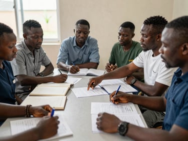 Medium shot of a small group of teachers seated around a table during a professional training workshop in Ghana, hands resting on printed curriculum materials and open notebooks, one facilitator pointing to a shared document, natural daylight from a window on the left, engaged and focused expressions, no staging