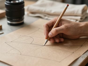 Close-up of hands drafting a garment pattern with pencil on heavy brown paper, soft-focus studio background with linen fabric swatches