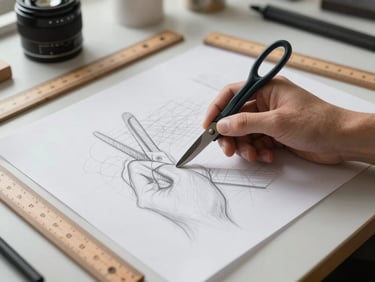 Hand-drawn pencil markings on heavy pattern-drafting paper, shears and wooden rulers resting on a clean studio table, diffused daylight.