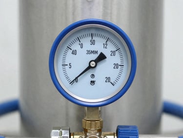 Close-up of a pressure gauge on a stainless steel RO membrane housing, bright clean utility lighting, metallic silver and deep blue tones, sharp focus, 35mm