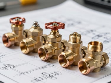 A row of heavy-duty brass plumbing valves and copper pipe couplings arranged neatly on a clean blueprint background, sharp technical lighting.
