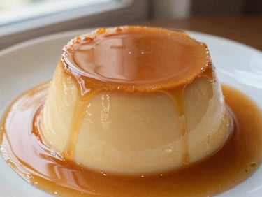 Close-up of a perfect Brazilian milk pudding on a plate, amber caramel sauce pooling at the base.