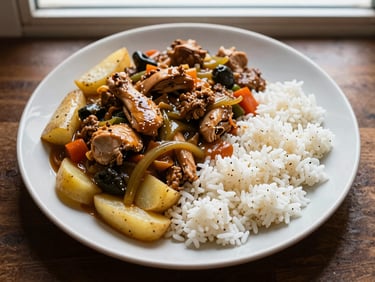 Top-down view of chicken strogonoff served with white rice and potato sticks on a ceramic plate.