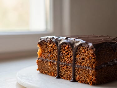 Slightly angled shot of a slice of carrot cake, rich chocolate glaze dripping down the side, warm light.