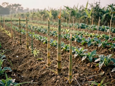 A wide shot of a thriving agroforestry plot with young bamboo shoots growing alongside food crops, soft morning light, rich organic earth tones.