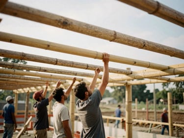 An active construction site where local builders assemble a bamboo timber roof structure, natural overcast daylight, shallow depth of field, 35mm film style.