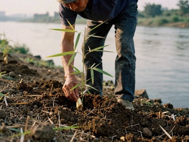 Candid documentary shot of a local farmer planting a bamboo seedling in rich dark soil along a riverbank, warm golden-hour daylight, 35mm film style.