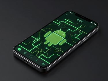 High-fidelity Android phone mockup showcasing a clean, high-framerate vector puzzle interface with glowing electric green lines, dark background