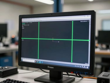 A high-precision digital diagnostic interface showing green alignment calibration vectors on a clean computer screen inside a vehicle service bay.