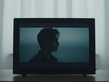 High-end production monitor displaying a low-contrast cinematic scene, soft blue ambient light.
