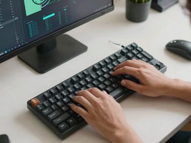 Top-down view of a tidy workspace, hands typing on a mechanical keyboard, subtle green and blue accents from modern software interfaces on a screen, soft diffused daylight