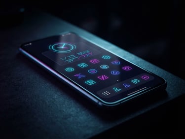 Moody product photography of an Android device screen glowing with a custom launcher interface, dark studio backdrop, high-contrast neon accents, macro lens, 16:9 landscape aspect
