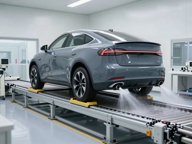 Automotive testing facility cleanroom with a vehicle positioned on a steel conveyor system, water spray testing active, crisp daylight