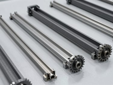 A neat grid of industrial conveyor components, steel guide rails, sprockets, and rollers on a clean gray workspace, professional daylight