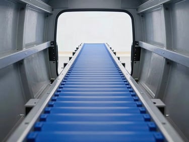 Straight-on architectural shot of a blue modular plastic conveyor belt inside a clean, modern vehicle wash tunnel, cool industrial daylighting