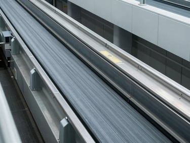 Overhead view of a wide passenger people-mover conveyor belt in a modern clean transit terminal, cool steel tones, architectural lines