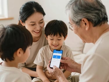 Warm environmental portrait of a family (grandparent, parent, child) smiling and looking at a smartphone displaying ECOTECHNOCOM-MARKET software, soft natural daylight, 35mm lens.