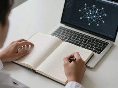 Overhead framing of a researcher's hands on a open notebook beside a laptop screen displaying a minimal neural network node diagram rendered as fine interconnected lines, soft north-facing studio light, cool neutral tones, no warm tints, the diagram delicate and precise against a near-white desk surface