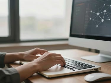 Tight framing of hands resting on a keyboard beside an open notebook, soft north-facing daylight from a tall window, minimal neural network node diagram visible on a matte screen in shallow focus, workspace clean and deliberate, no warmth or bokeh