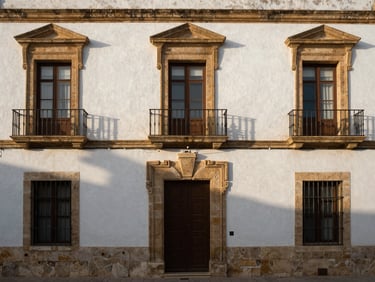 Wide environmental shot of a restored building facade in Cádiz old town—clean rendered stone, freshly painted plaster, golden afternoon light casting soft shadows, no people