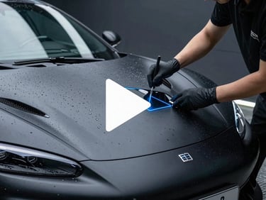 Still frame of a professional installer applying invisible BASF Rodim PPF to a matte black supercar, water droplets sheeting off the hood, play icon overlay