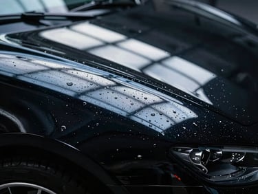 Macro detail of a glossy black sports car fender reflecting sharp white studio lights, water droplets beaded perfectly on the surface, high contrast, 35mm