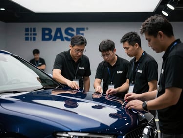 Elite detailing professionals gathered around a luxury vehicle during a BASF regional training workshop in Bangkok, bright studio lighting