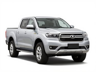 Crisp automotive product photography of a modern silver pickup truck, front three-quarter view, bright high-key studio light, clean white background, sharp focus, 35mm