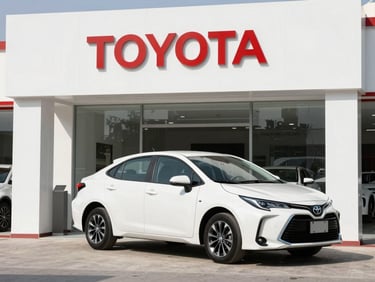 Clean exterior shot of a modern Toyota dealership showroom in Saudi Arabia, bright daylight, no people