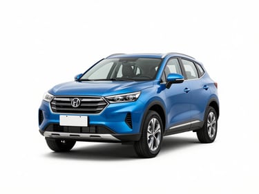 Front three-quarter view of a new blue compact SUV, studio lighting, clean white background, sharp focus.