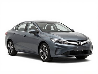 Crisp automotive product photography of a modern dark gray sedan, front three-quarter view, bright high-key studio light, clean white background, sharp focus, 35mm