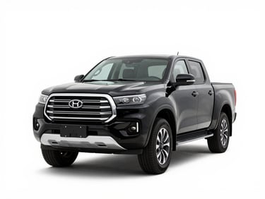 Crisp studio shot of a black modern pickup truck, front three-quarter view, high-key lighting, clean white background, sharp focus, 35mm