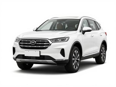 Crisp automotive product photography of a modern white SUV, front three-quarter view, bright high-key studio light, clean white background, sharp focus, 35mm