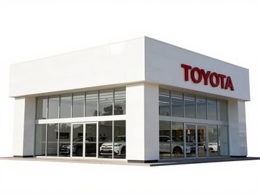 Modern Toyota dealership exterior in Riyadh, bright sunny day, clean architecture, no people, wide shot