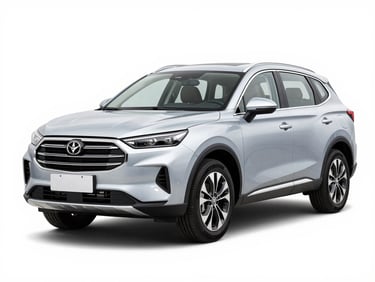 Front three-quarter view of a new silver mid-size SUV, studio lighting, clean white background, sharp focus.