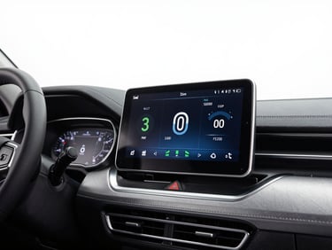 Close-up of a modern car dashboard with digital display showing finance figures, high-key studio light, sharp focus