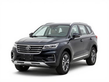 Front three-quarter view of a new black full-size SUV, studio lighting, clean white background, sharp focus.