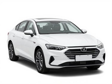 Crisp studio shot of a white modern sedan, front three-quarter view, high-key lighting, clean white background, sharp focus, 35mm